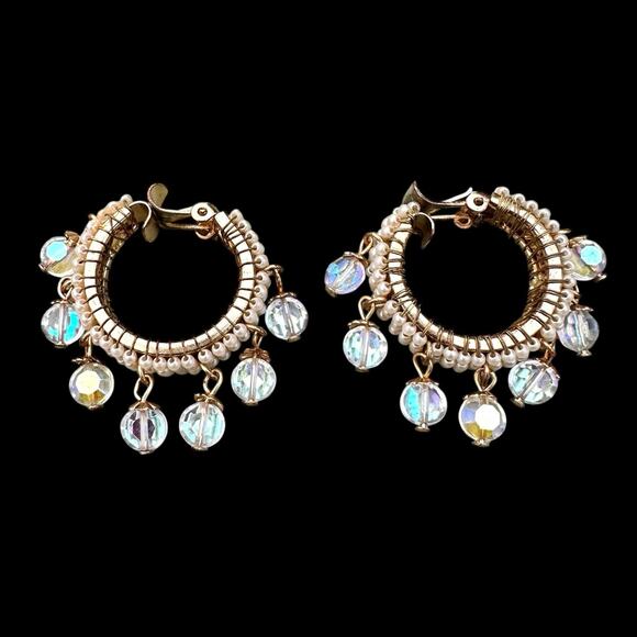Vintage Miriam Haskell Hoop Earrings Faux Pearls & AB Crystal Drops 1969s Hoops - Picture 2 of 10